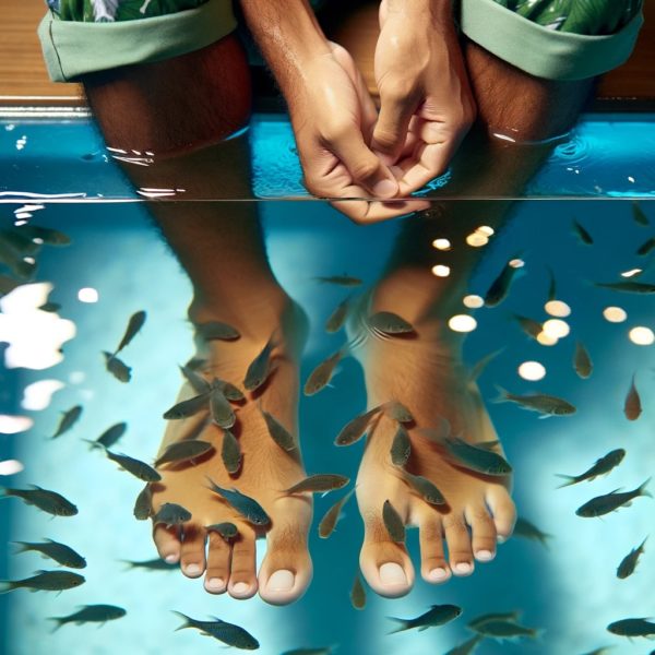 Dall·e 2023 11 30 09.39.12 A Close Up View Of A Person's Feet Submerged In A Fish Spa Tank. The Image Focuses On One Pair Of Feet, Showing Small, Friendly Looking Fish Gently Ni
